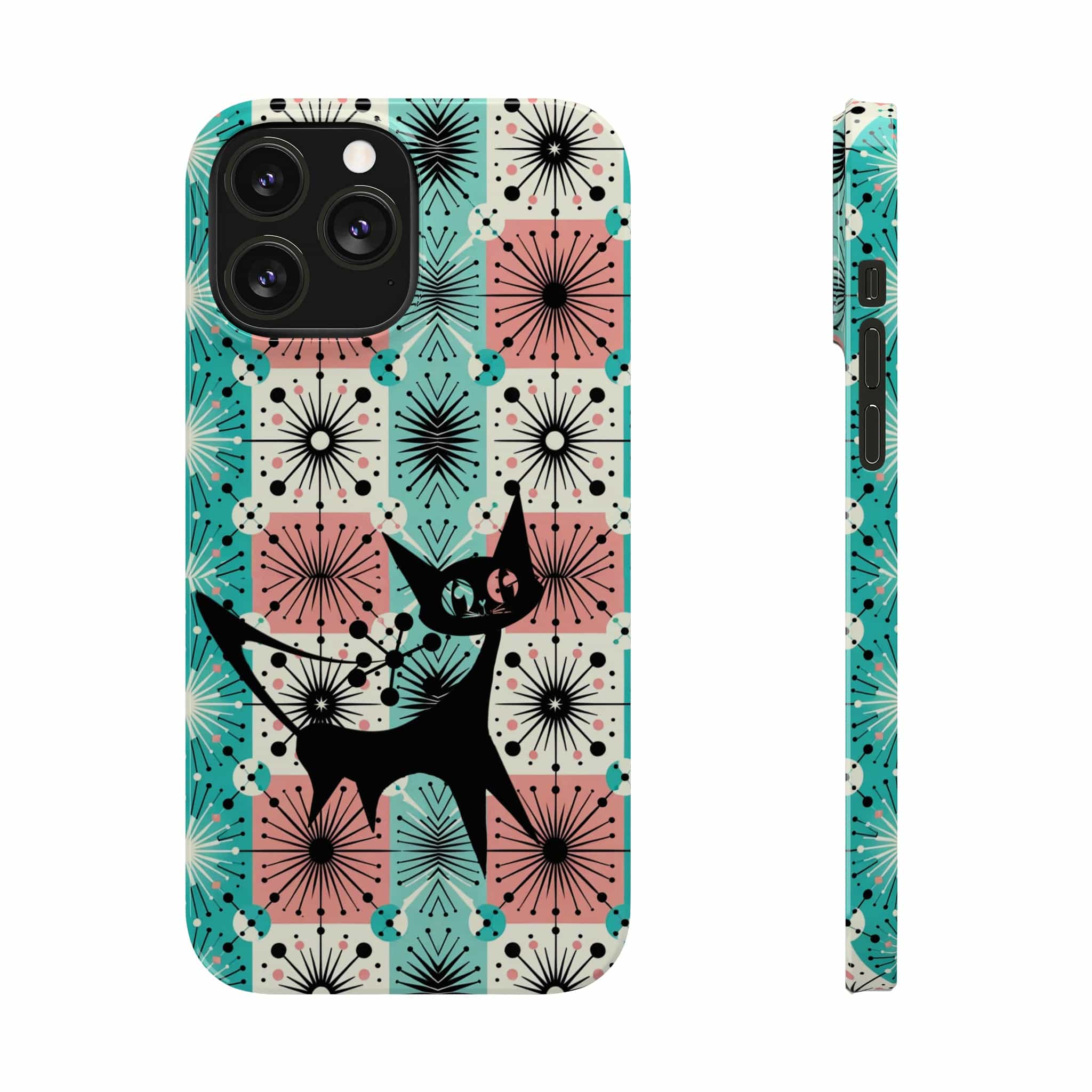 Atomic Kitschy Cat, Mid Century Modern Pink, Aqua Starbursts, iPhone 15 And More Slim Phone Cases Phone Case