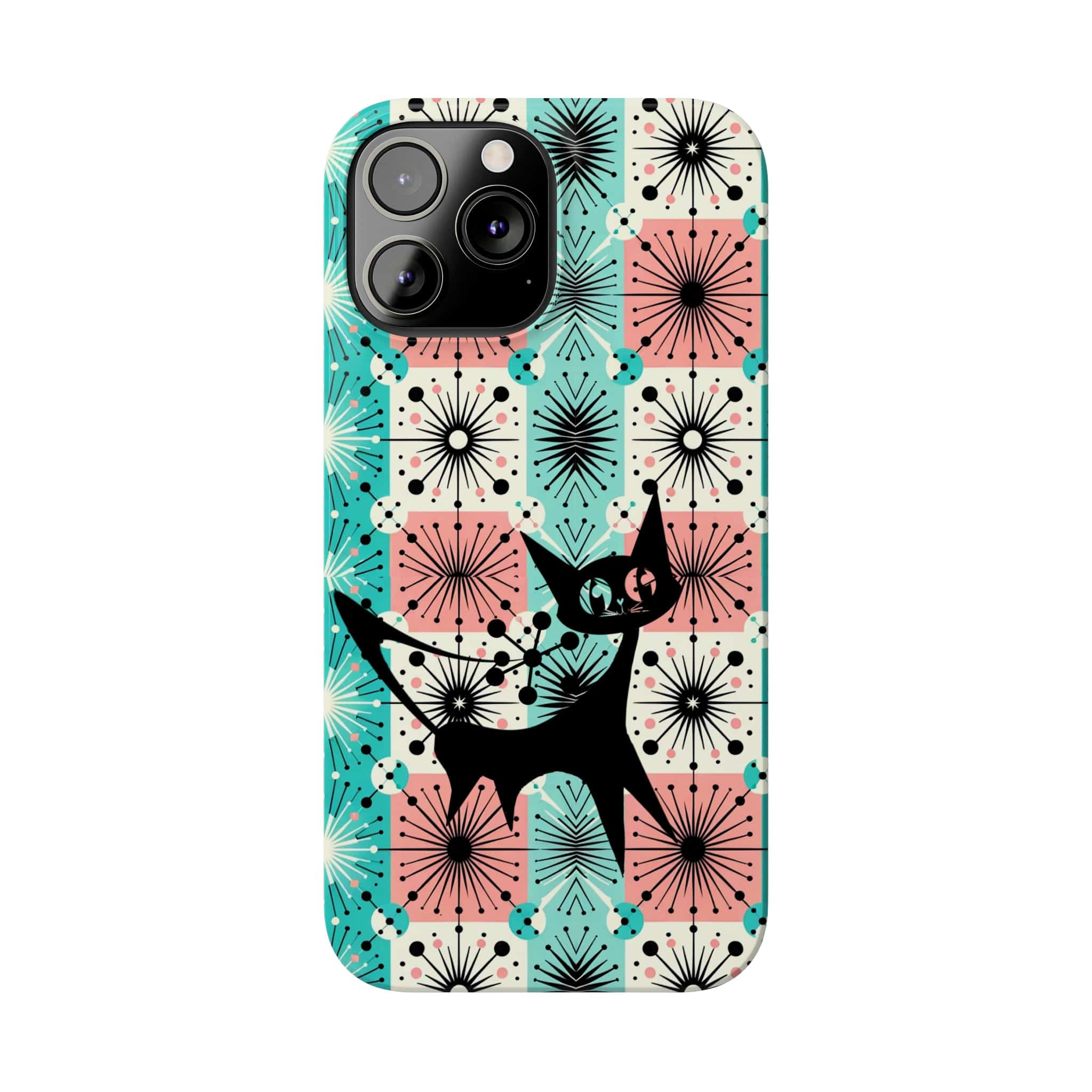 Atomic Kitschy Cat, Mid Century Modern Pink, Aqua Starbursts, iPhone 15 And More Slim Phone Cases Phone Case