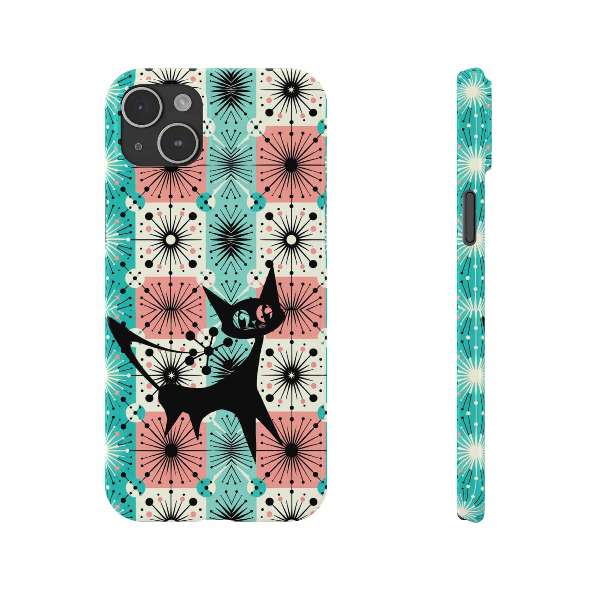 Atomic Kitschy Cat, Mid Century Modern Pink, Aqua Starbursts, iPhone 15 And More Slim Phone Cases Phone Case