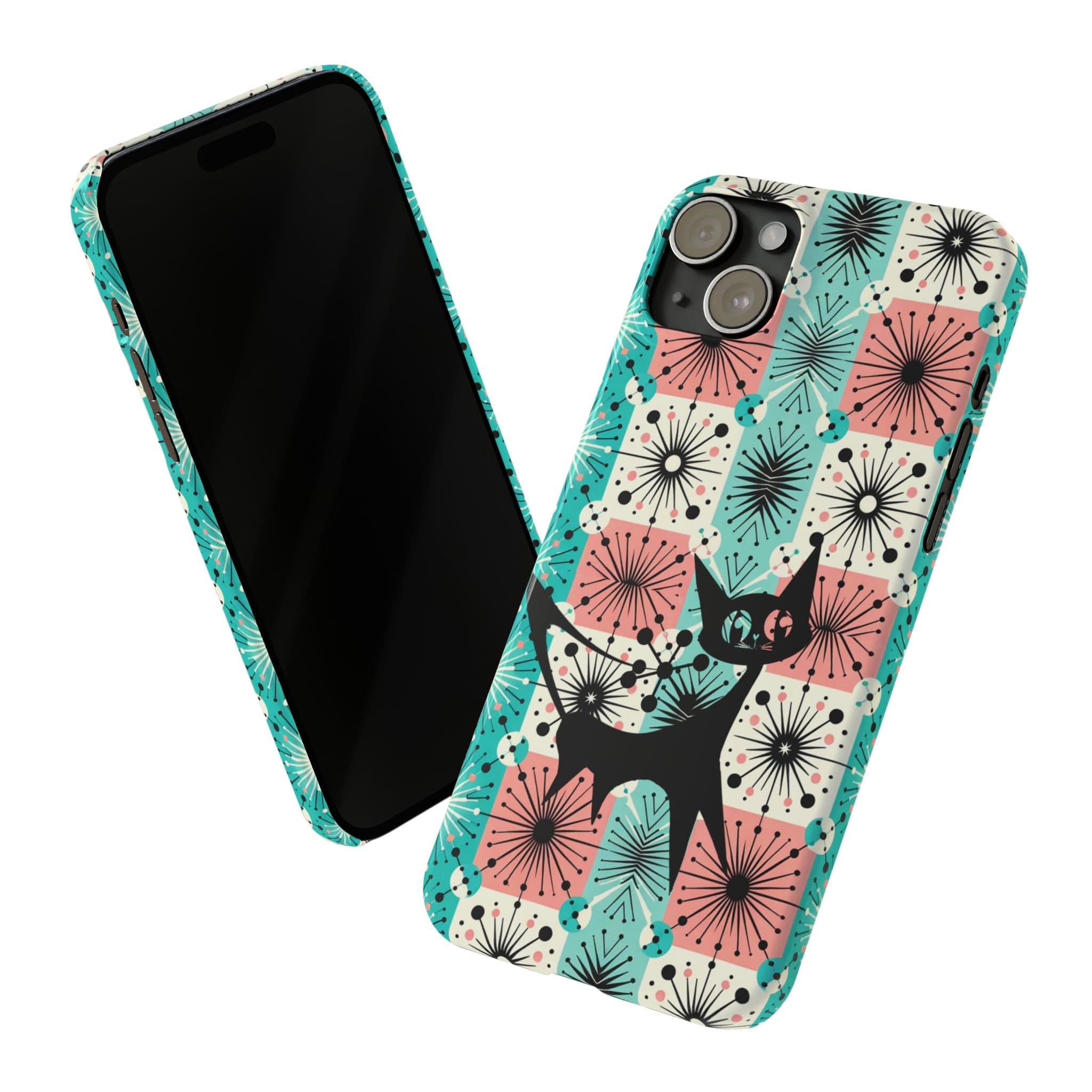 Atomic Kitschy Cat, Mid Century Modern Pink, Aqua Starbursts, iPhone 15 And More Slim Phone Cases Phone Case