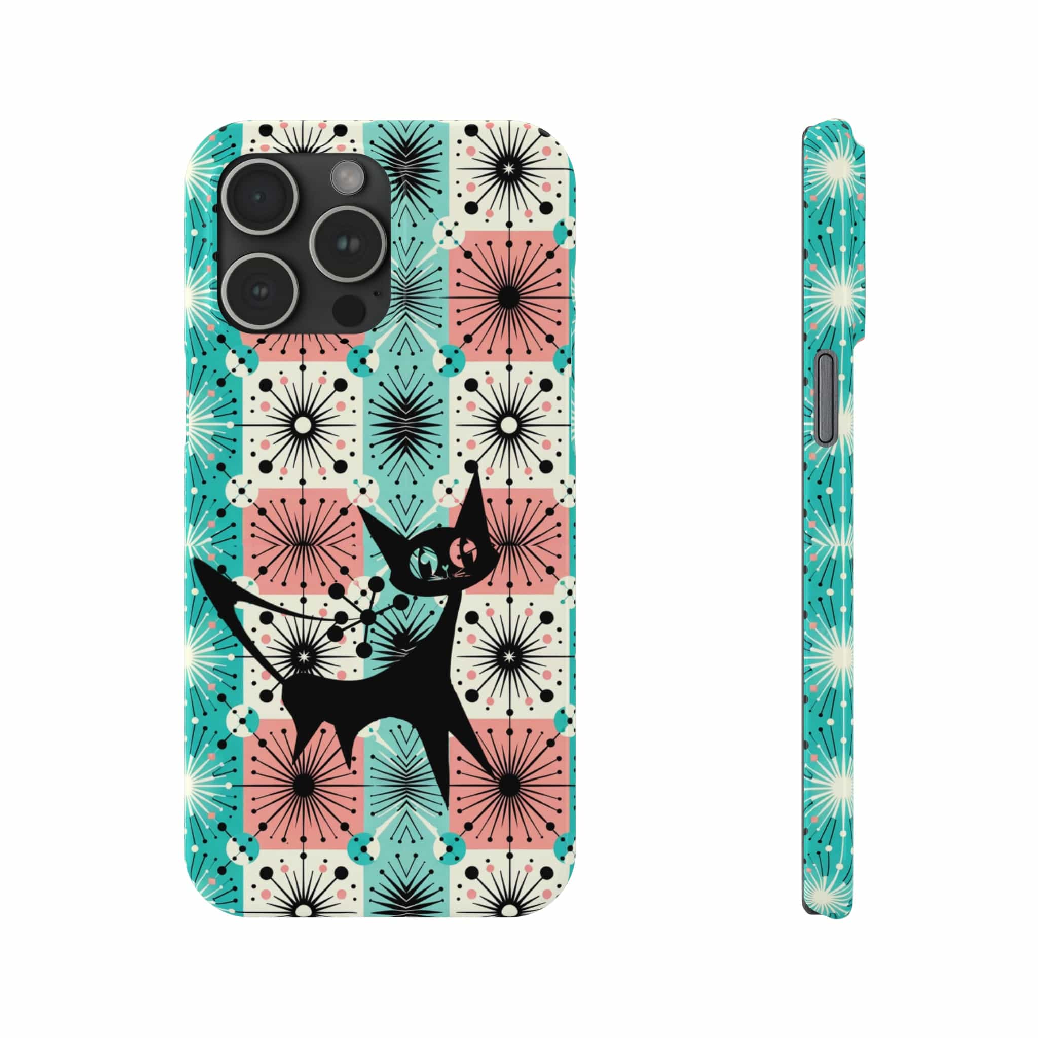 Atomic Kitschy Cat, Mid Century Modern Pink, Aqua Starbursts, iPhone 15 And More Slim Phone Cases Phone Case