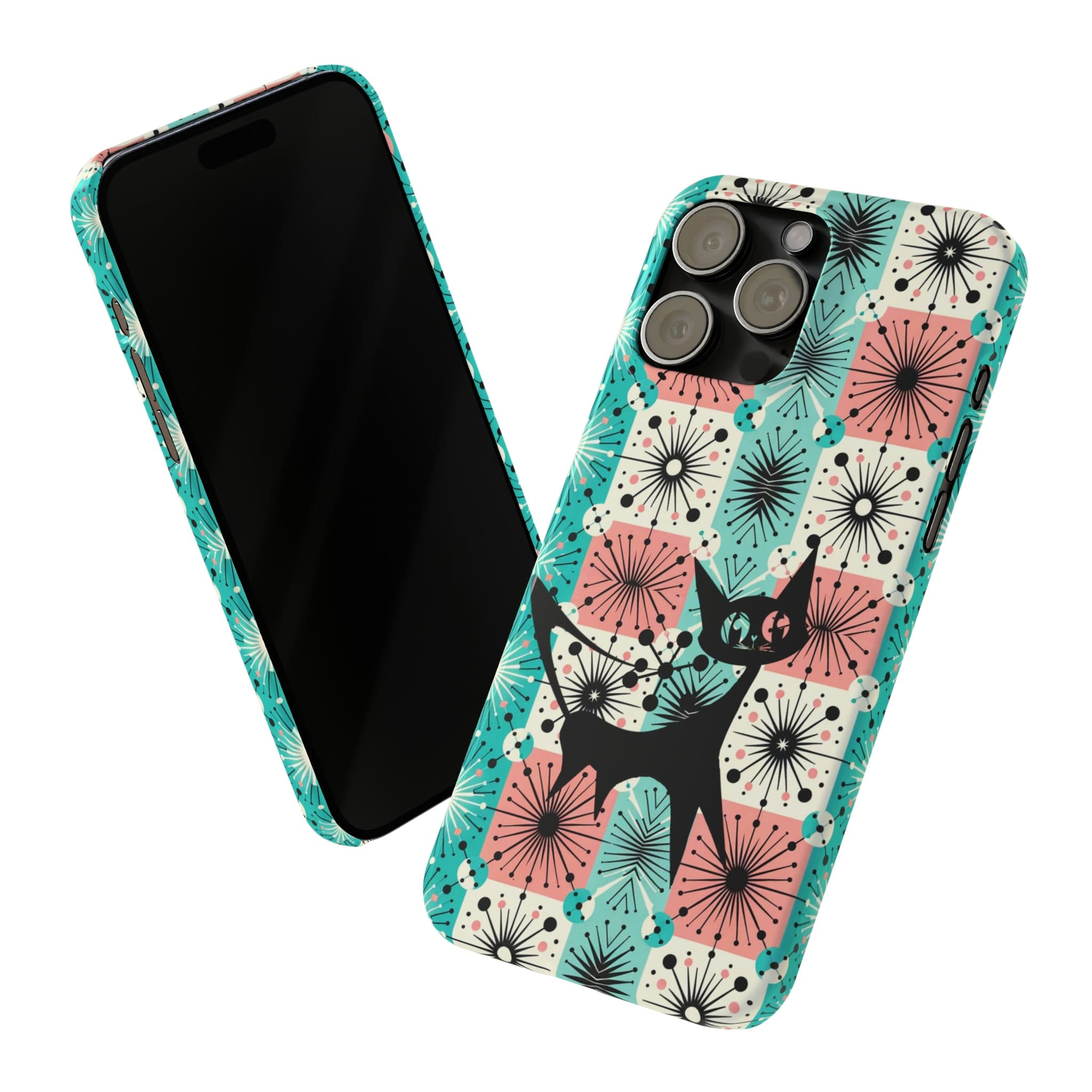 Atomic Kitschy Cat, Mid Century Modern Pink, Aqua Starbursts, iPhone 15 And More Slim Phone Cases Phone Case