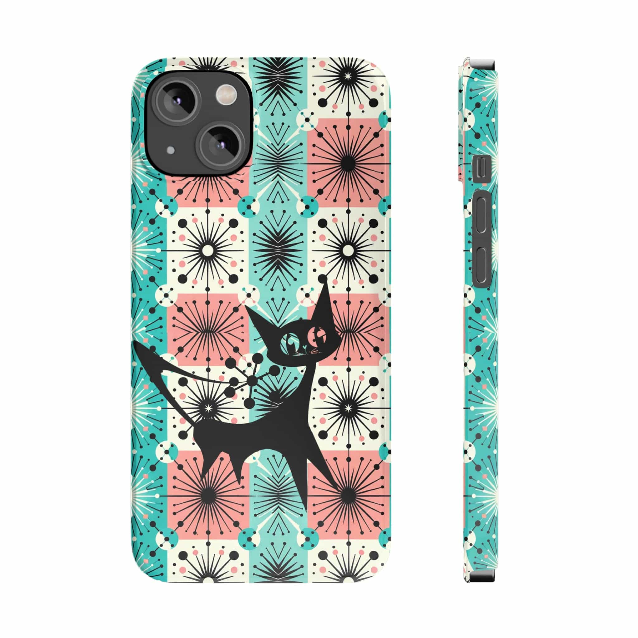 Atomic Kitschy Cat, Mid Century Modern Pink, Aqua Starbursts, iPhone 15 And More Slim Phone Cases Phone Case