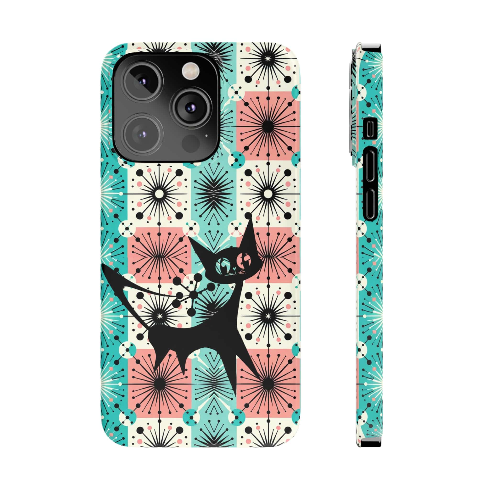 Atomic Kitschy Cat, Mid Century Modern Pink, Aqua Starbursts, iPhone 15 And More Slim Phone Cases Phone Case
