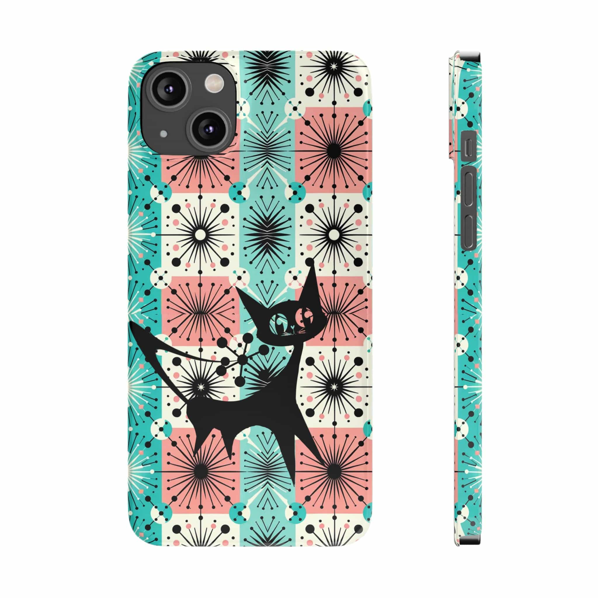 Atomic Kitschy Cat, Mid Century Modern Pink, Aqua Starbursts, iPhone 15 And More Slim Phone Cases Phone Case