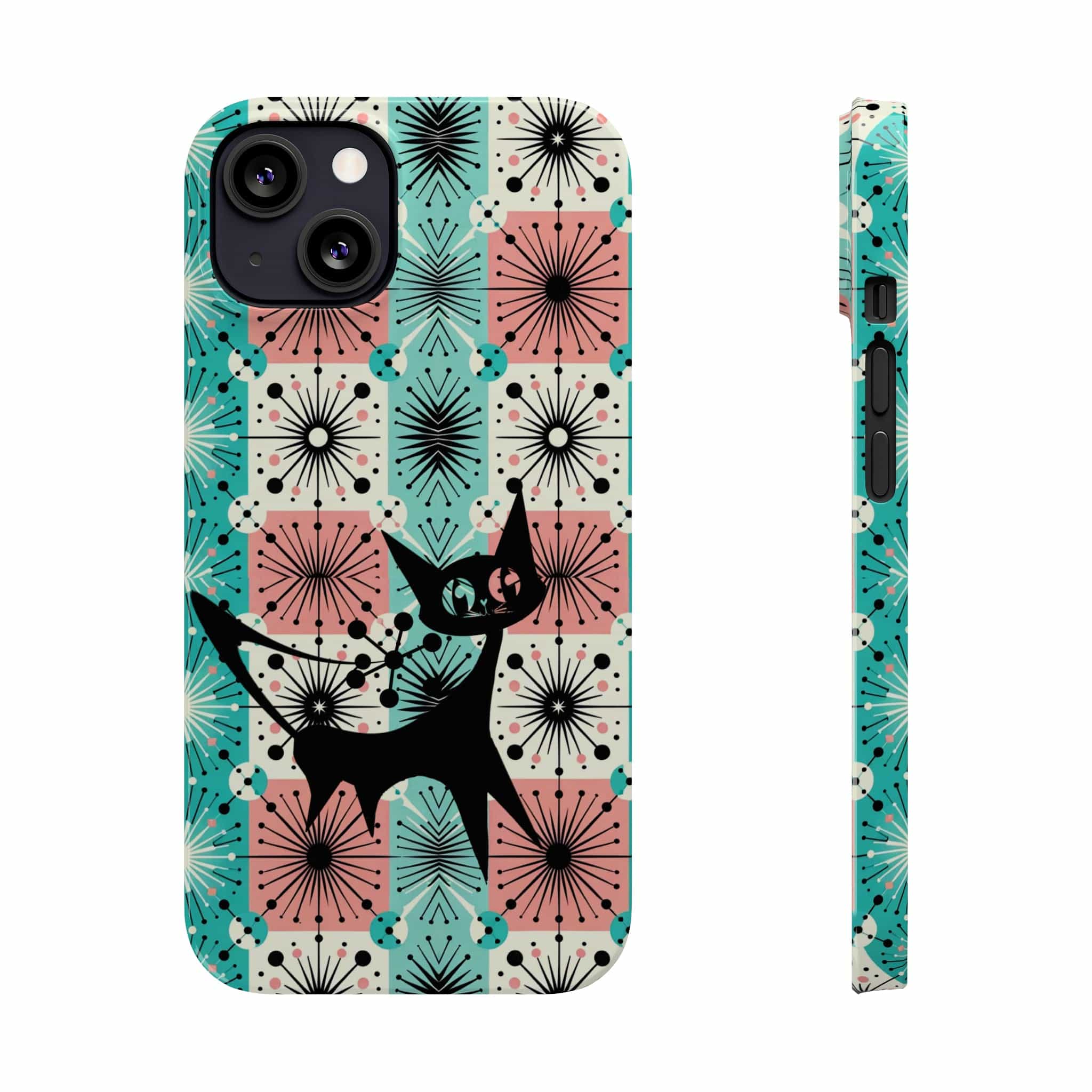 Atomic Kitschy Cat, Mid Century Modern Pink, Aqua Starbursts, iPhone 15 And More Slim Phone Cases Phone Case