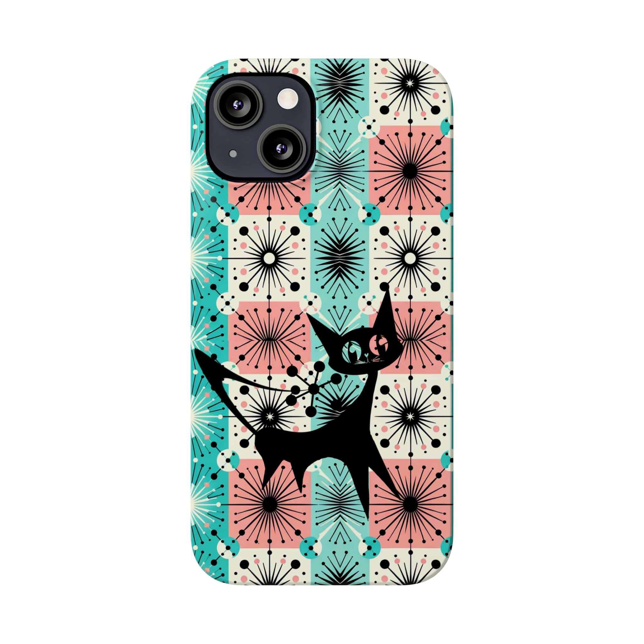 Atomic Kitschy Cat, Mid Century Modern Pink, Aqua Starbursts, iPhone 15 And More Slim Phone Cases Phone Case