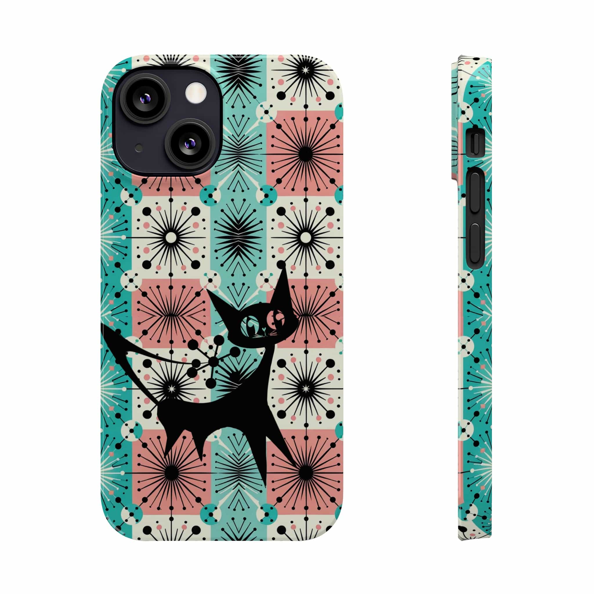 Atomic Kitschy Cat, Mid Century Modern Pink, Aqua Starbursts, iPhone 15 And More Slim Phone Cases Phone Case