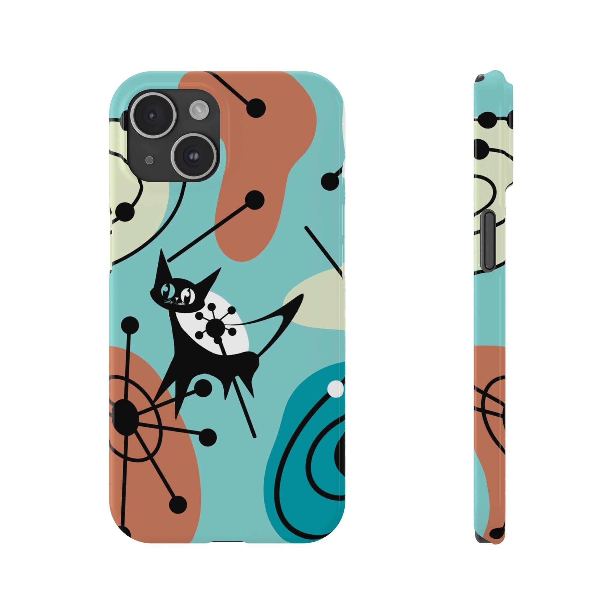 Atomic Kittie, Mid Century Mod Amoeba Aqua Starburst, New iPhone 15 Slim Phone Cases Phone Case