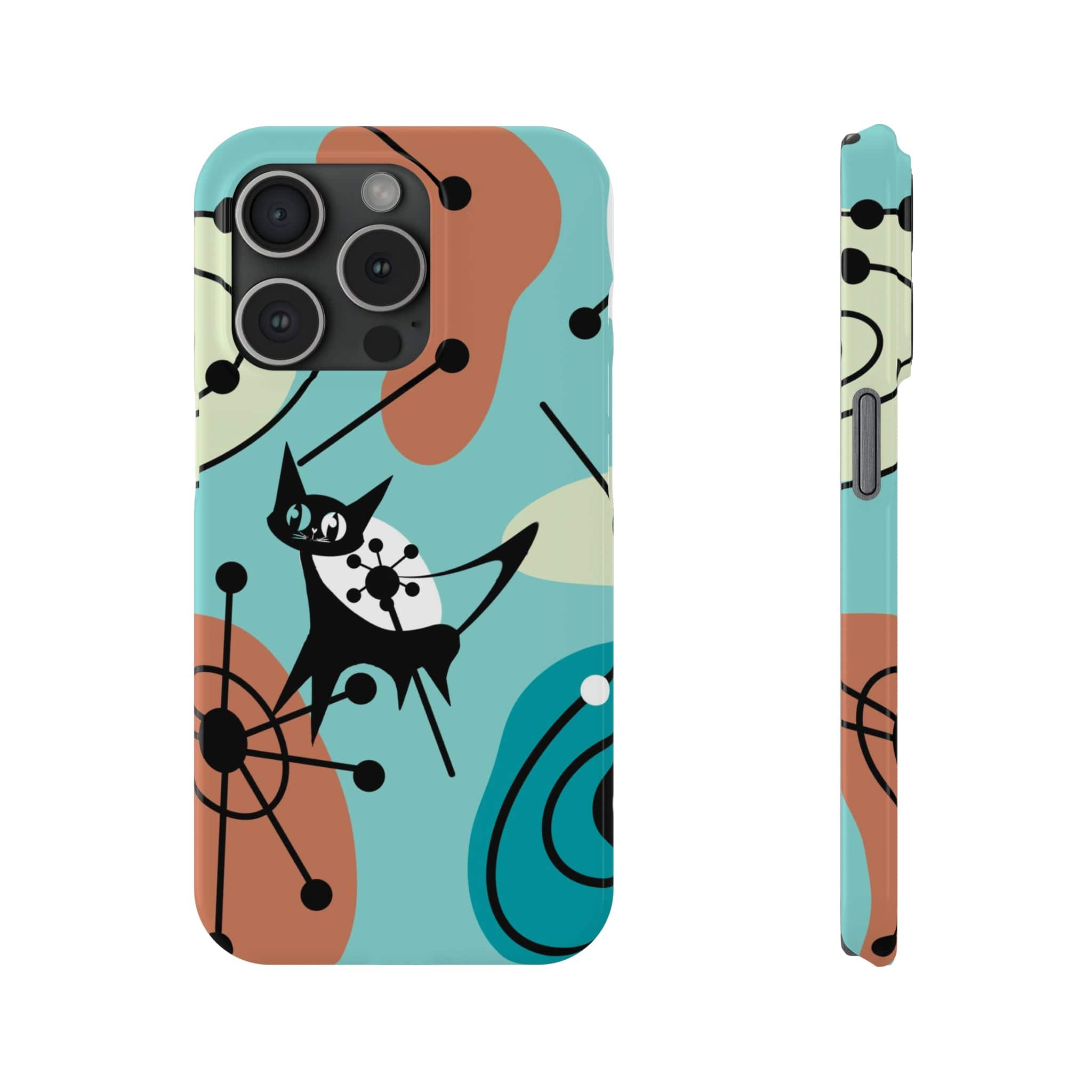 Atomic Kittie, Mid Century Mod Amoeba Aqua Starburst, New iPhone 15 Slim Phone Cases Phone Case