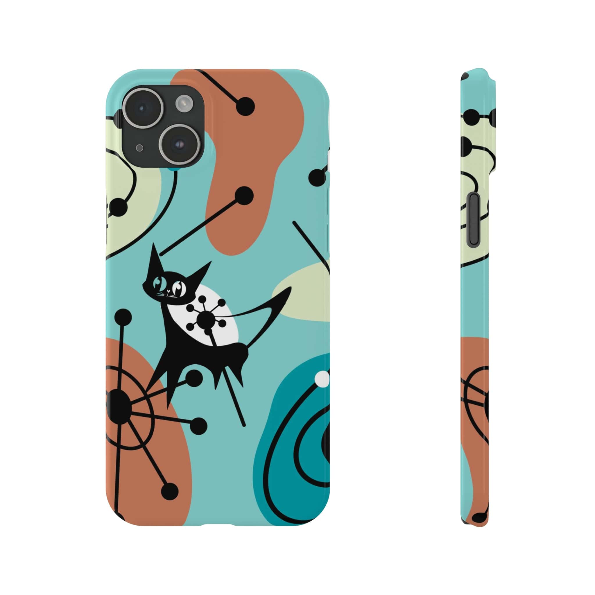 Atomic Kittie, Mid Century Mod Amoeba Aqua Starburst, New iPhone 15 Slim Phone Cases Phone Case