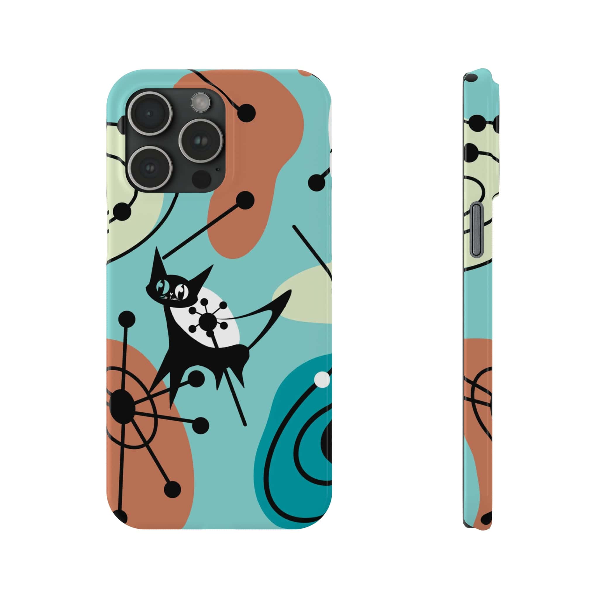 Atomic Kittie, Mid Century Mod Amoeba Aqua Starburst, New iPhone 15 Slim Phone Cases Phone Case