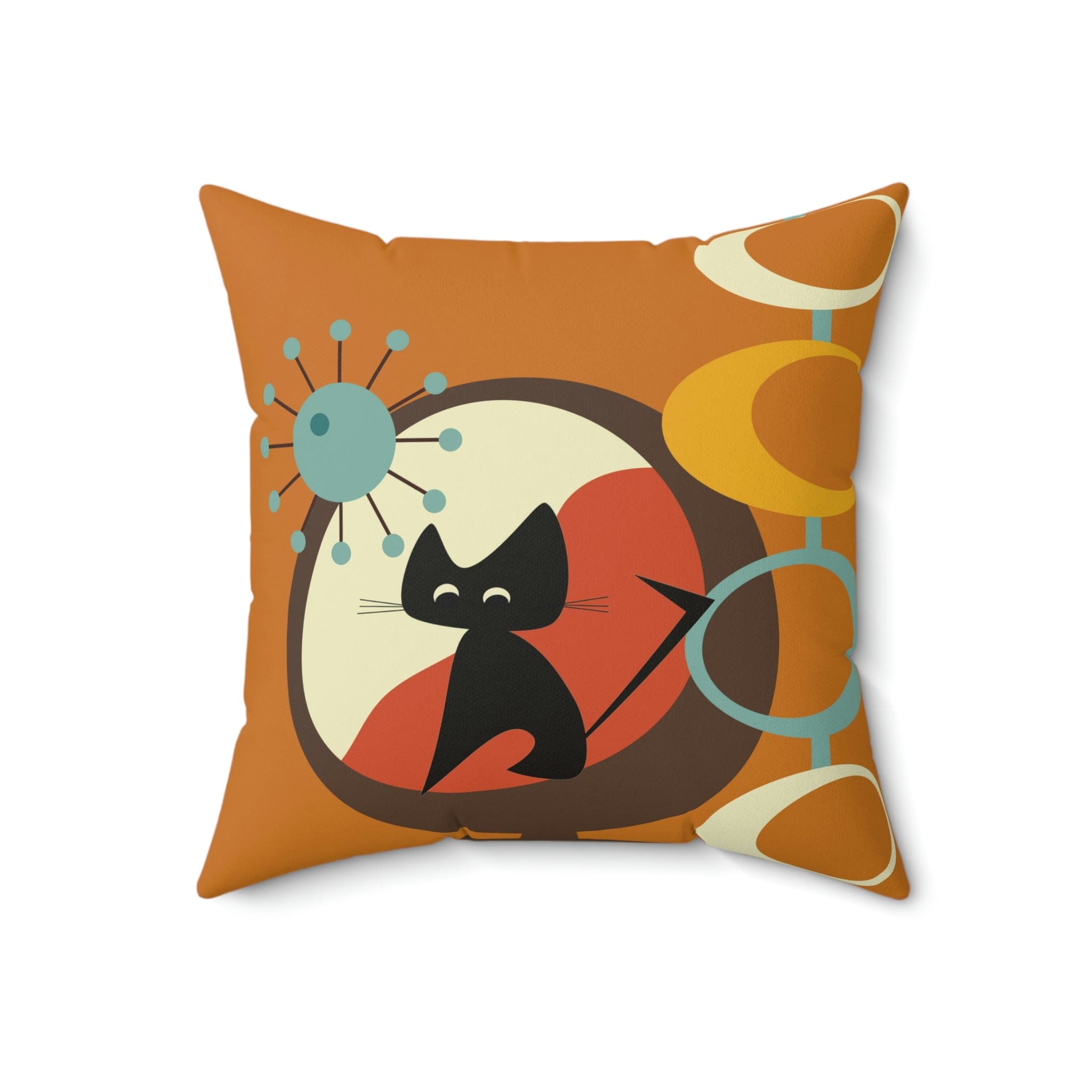 Atomic Space Cat, Mid Century Modern Carmel Brown, Retro Starburst Square Pillow Home Decor