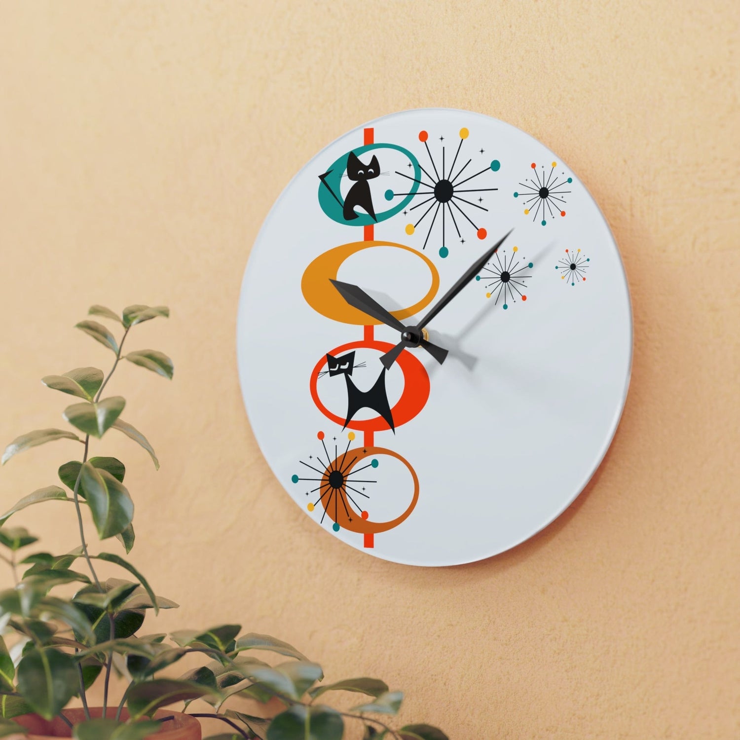 Atomic Space Cat, Mid Century Modern, Retro Cool Acrylic Wall Clock Home Decor