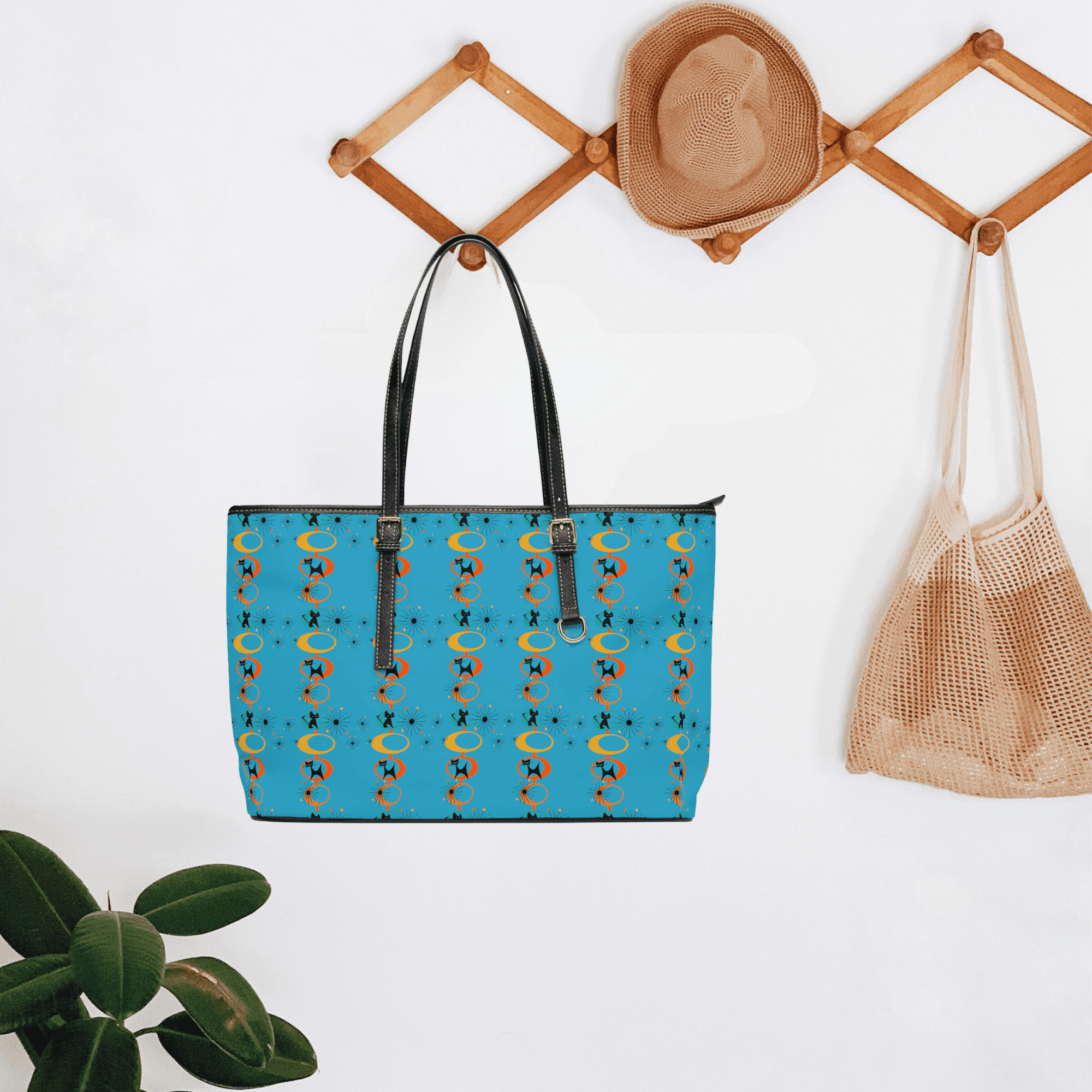 Atomic Space Cat, Turquoise Blue, Mid Mod Retro Shoulder Bag Bags