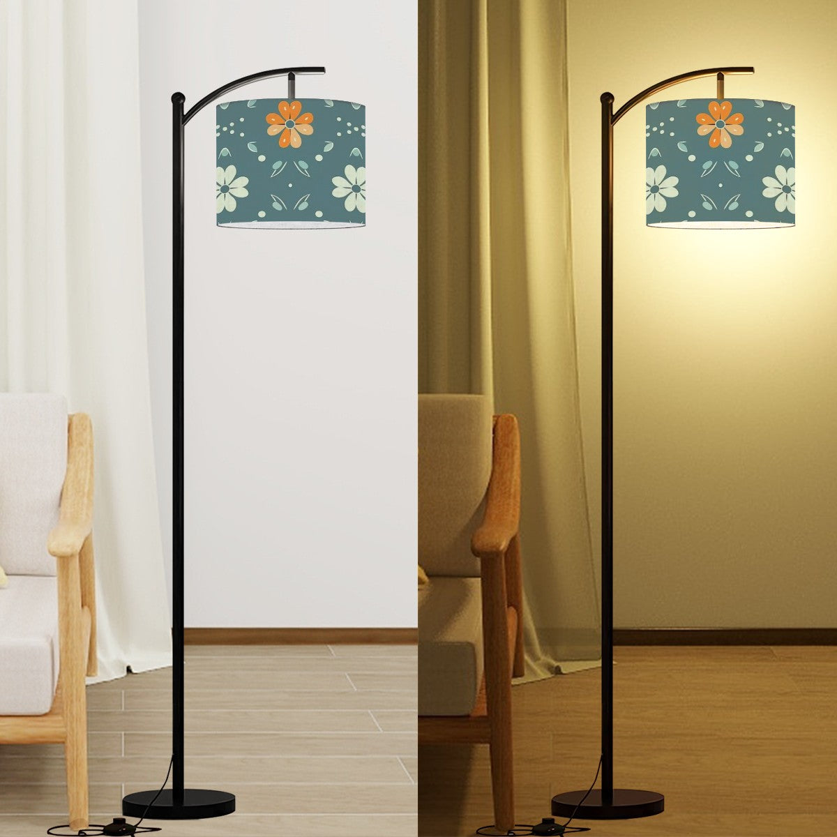 Mid Century Modern Scandinavian Blue, Orange Cram Retro Floral Arc Floor Lamp - Mid Century Modern Gal
