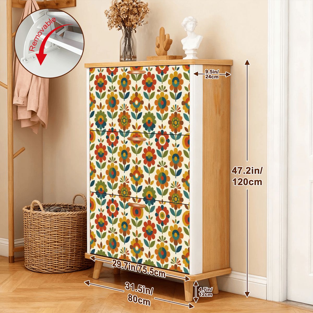 Mid Century Modern Scandinavian Floral Earth Tones Shoe Cabinet