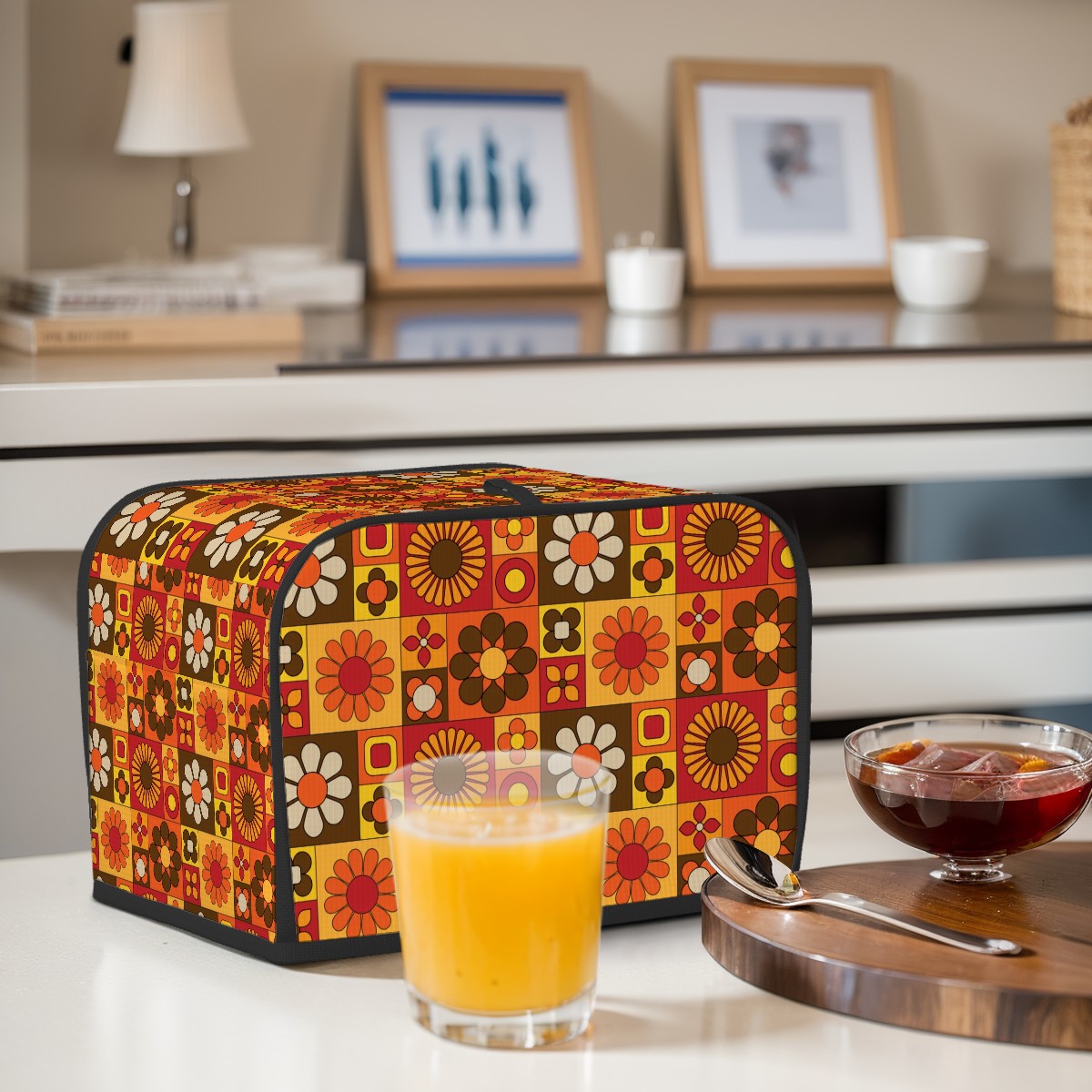 Retro 70s Flower Power Groovy Orange Brown Yellow Floral Mod 2 Slice Toaster Cover - Mid Century Modern Gal