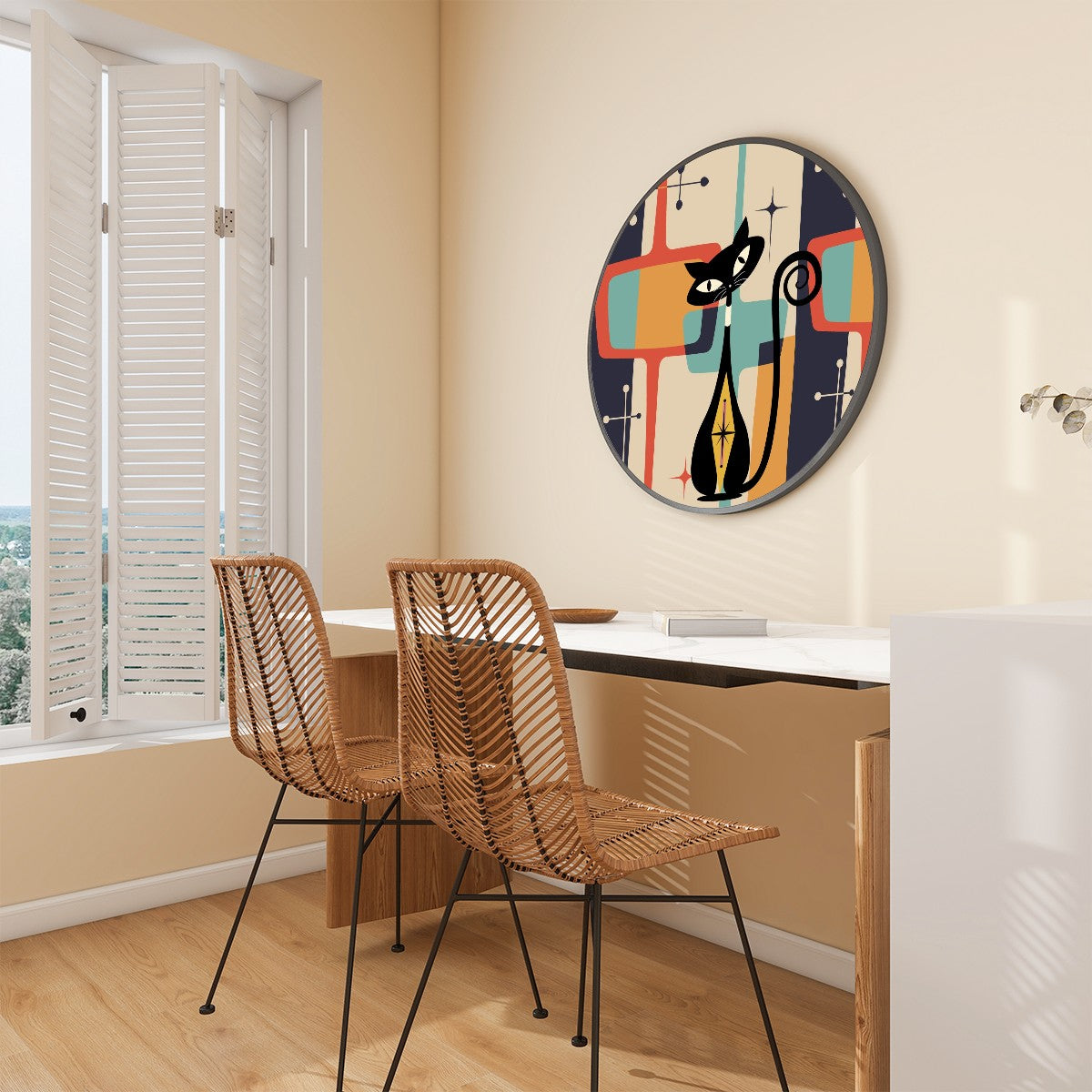 Mid Century Modern Atomic Cat Round Framed Canvas Wall Art - Mid Century Modern Gal