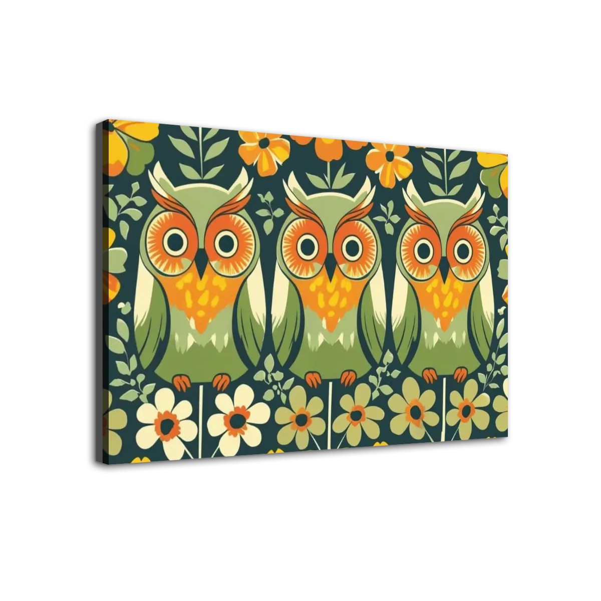 Groovy Mod Owl Art, Flower Power 70s Vibe Green, Orange Kitschy Wall Art - Mid Century Modern Gal