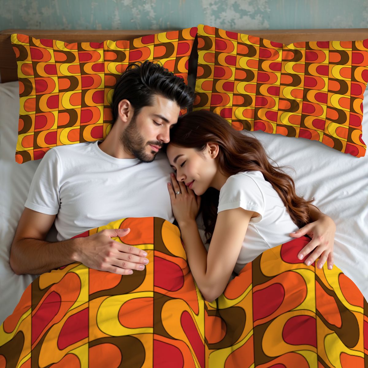 Retro 70s Mid Mod Groovy Orange, Brown Yellow, Red, MCM Queen Duvet Cover Set - Mid Century Modern Gal