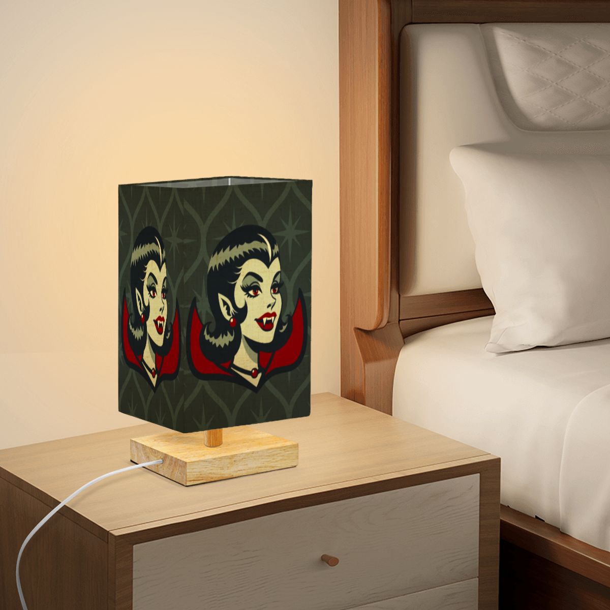 Vampire Dracula Girl Halloween Goth Horror Buff MCM Green Square Table Lamp - Mid Century Modern Gal