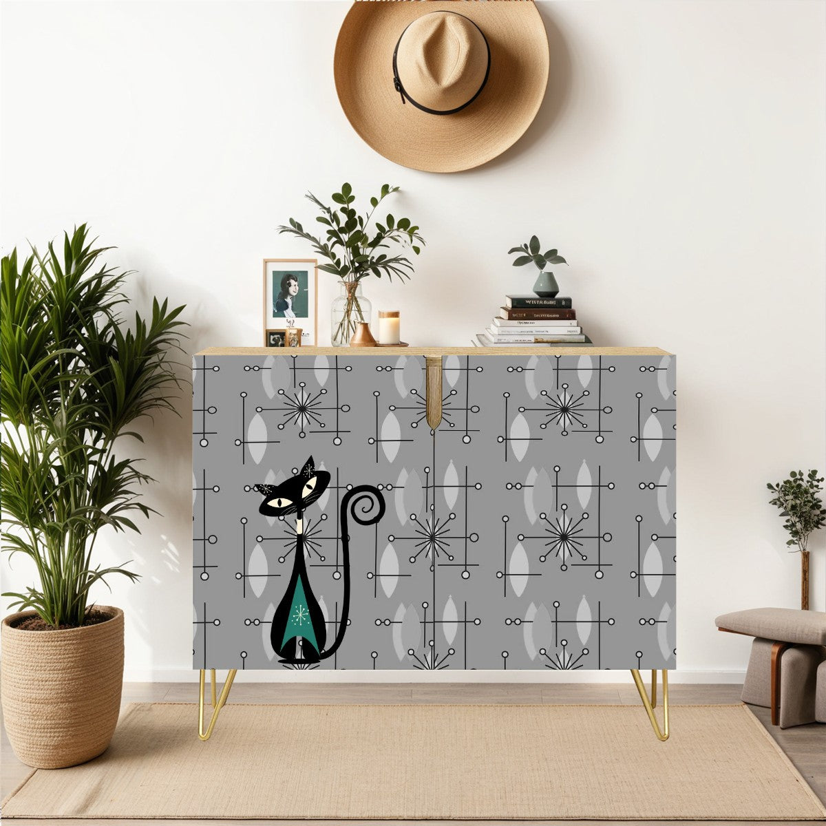 Mid Century Modern Moody Gray Atomic Cat Starbursts Wooden Storage Cabinet - Mid Century Modern Gal