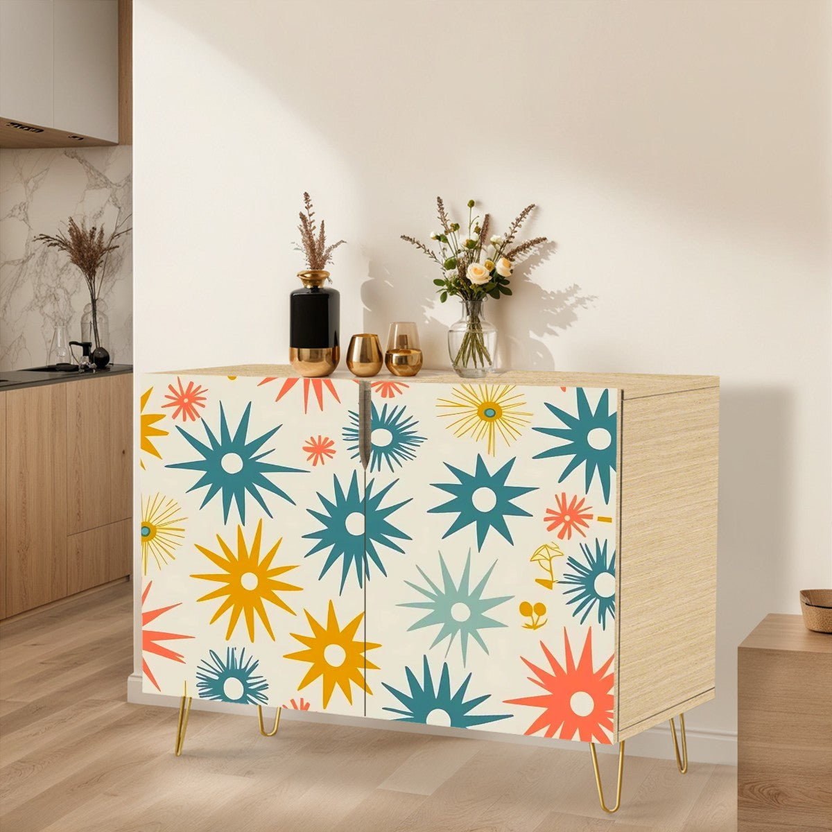 Mid Century Modern Wooden Storage Cabinet, Atomic Starbursts, Mod Credenza Sideboard - Mid Century Modern Gal