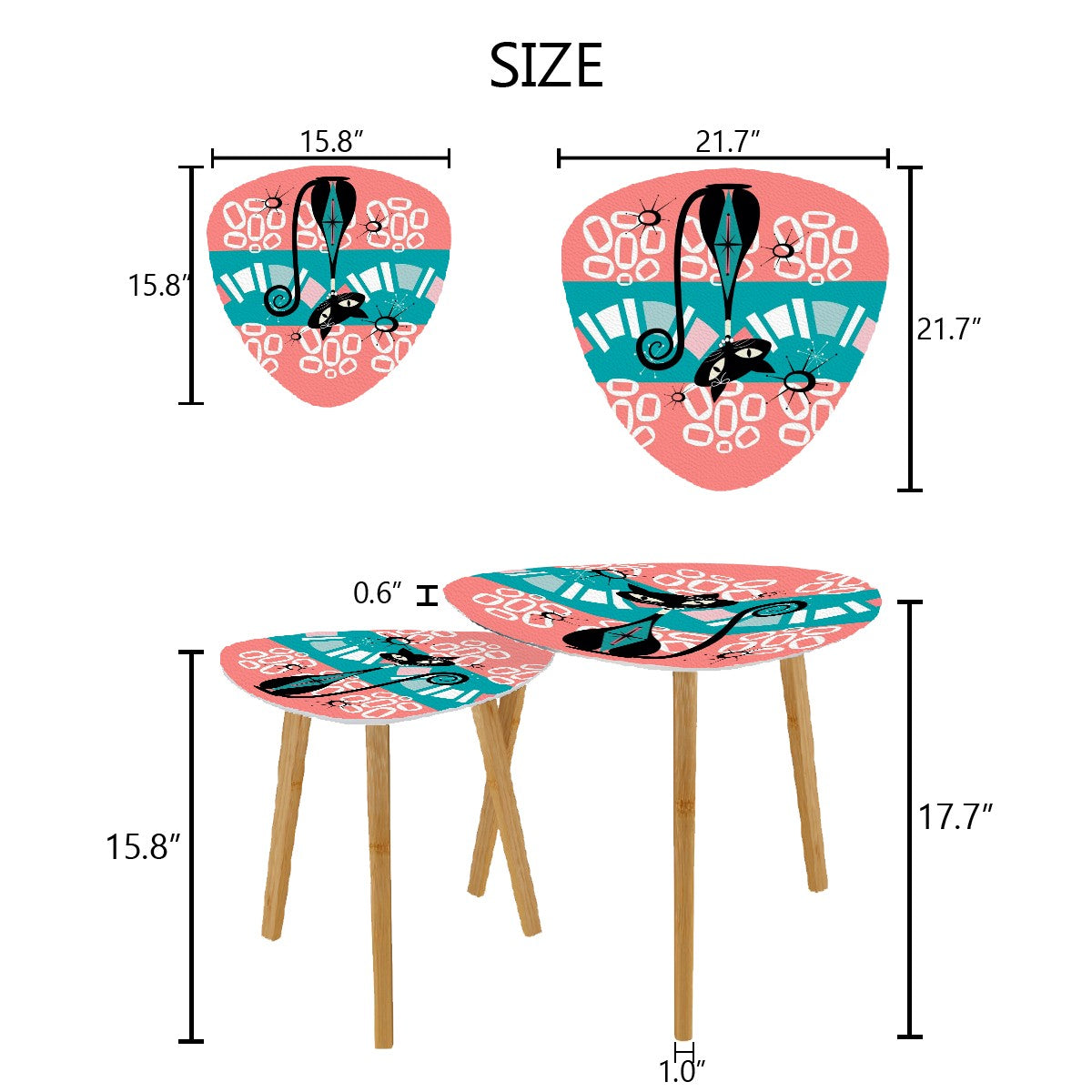 Atomic Cat Mid Century Modern Nesting Tables In Coral, Teal Kitschy Mod Triangle Coffee Table Set of 2 - Mid Century Modern Gal