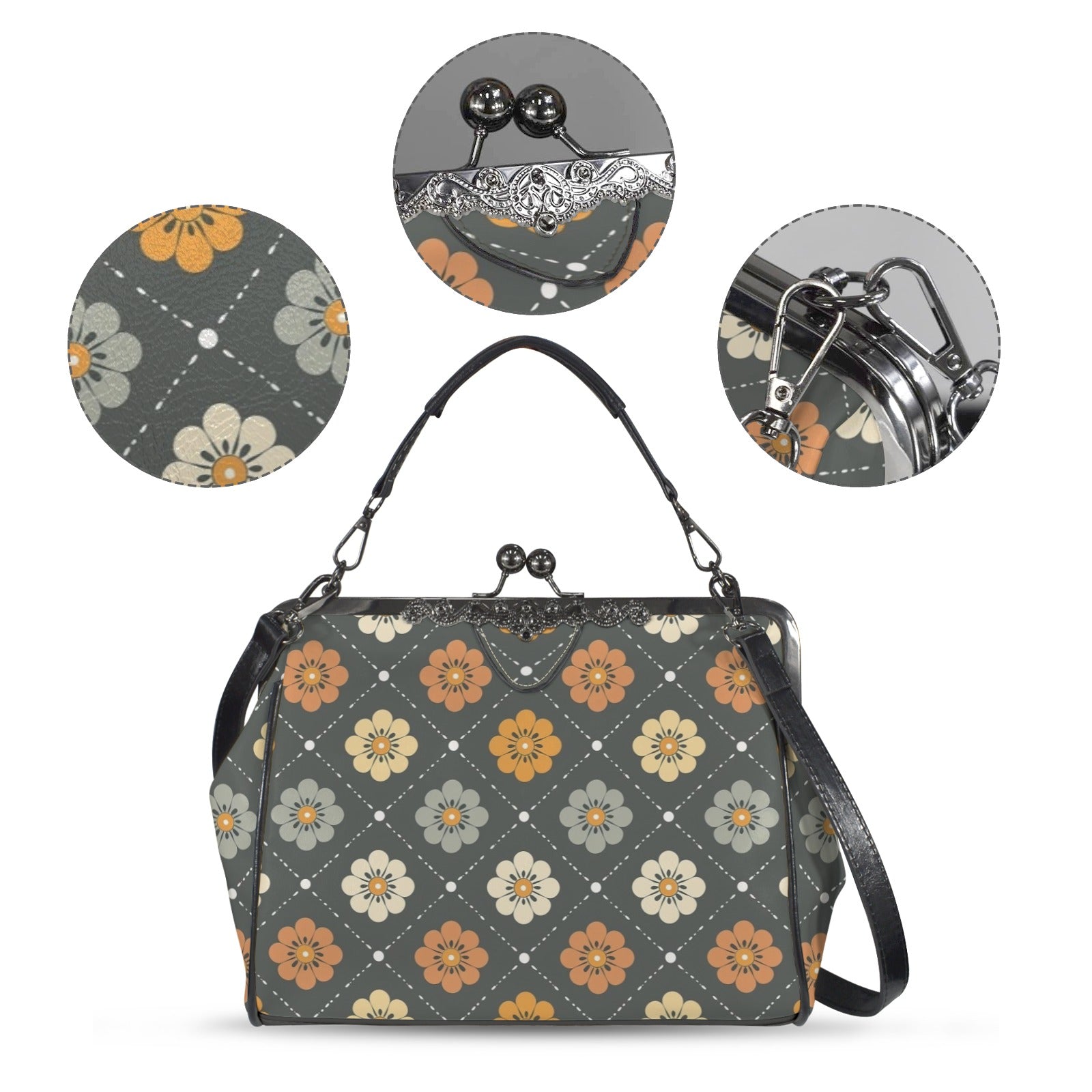 Scandinavian Floral, Mustard Yellow, Gray Mid Century Modern Kisslock Crossbody Purse - Mid Century Modern Gal