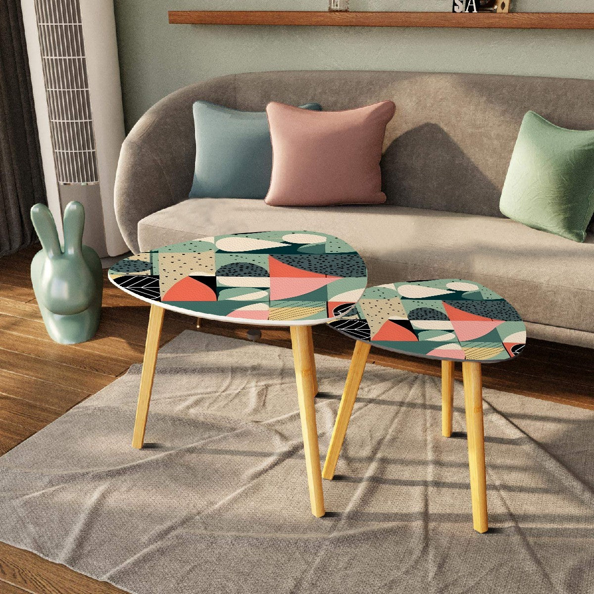 Mid Century Modern Green, Coral, Pink Geometric Mod Designed Nesting Tables - Mid Century Modern Gal