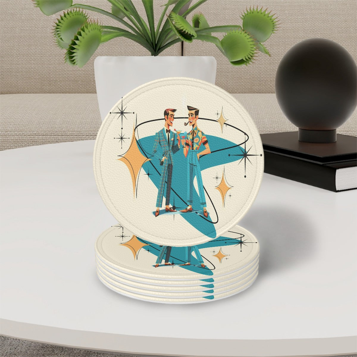 Mid Century Modern Dapper Dudes Mid Century Modern Barware Thick Round Coasters Set of 6 - Mid Century Modern Gal