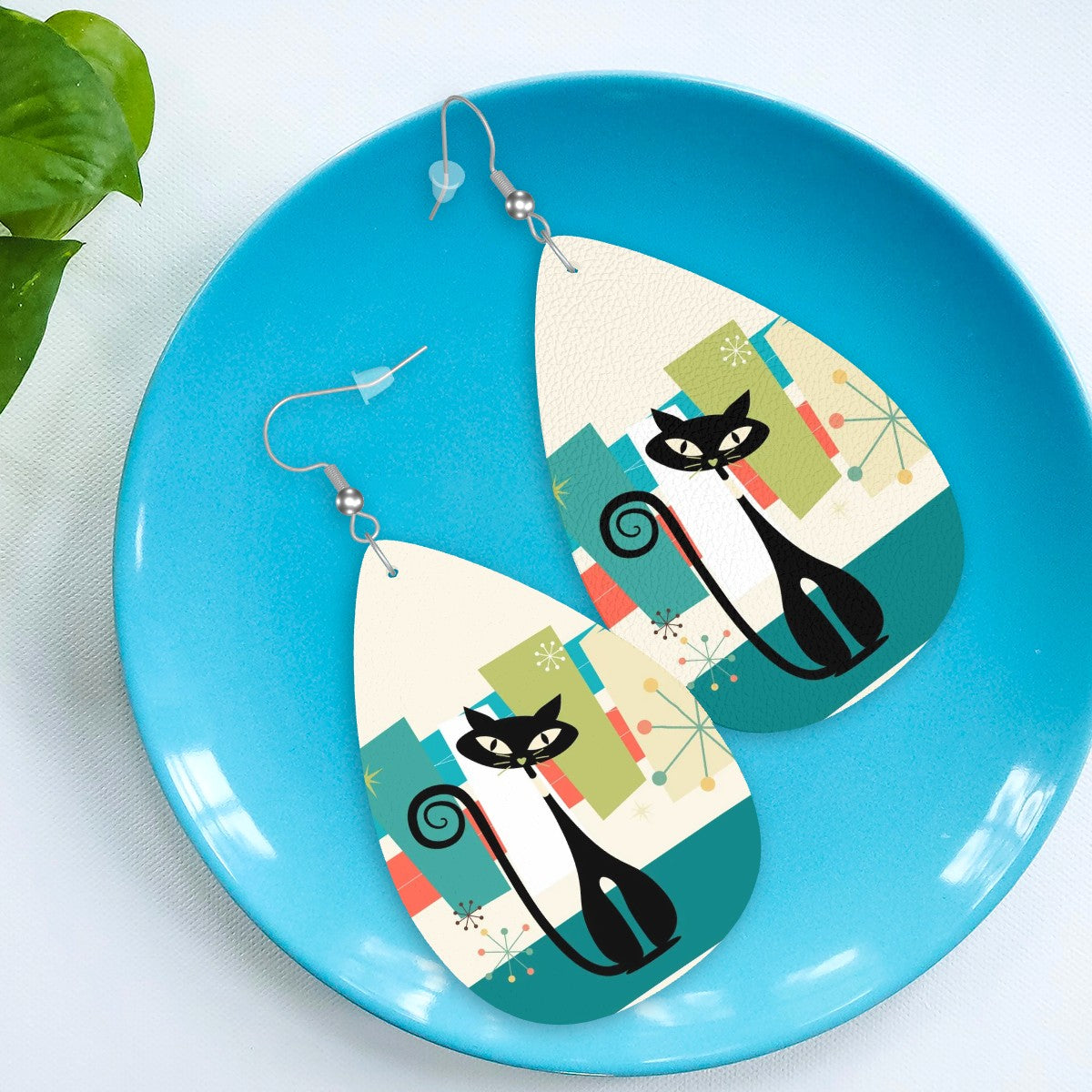 Mid Mod Atomic Kittie Vegan Leather Teardrop Earrings - Mid Century Modern Gal