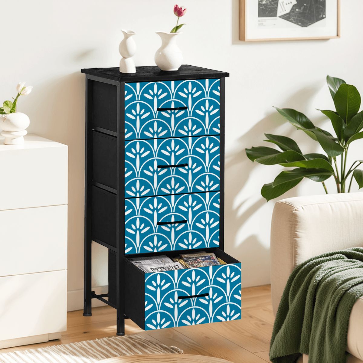 Mid Century Modern Stylish Art Deco Teal and White MCM 4-Drawer Dresser - Mid Century Modern Gal