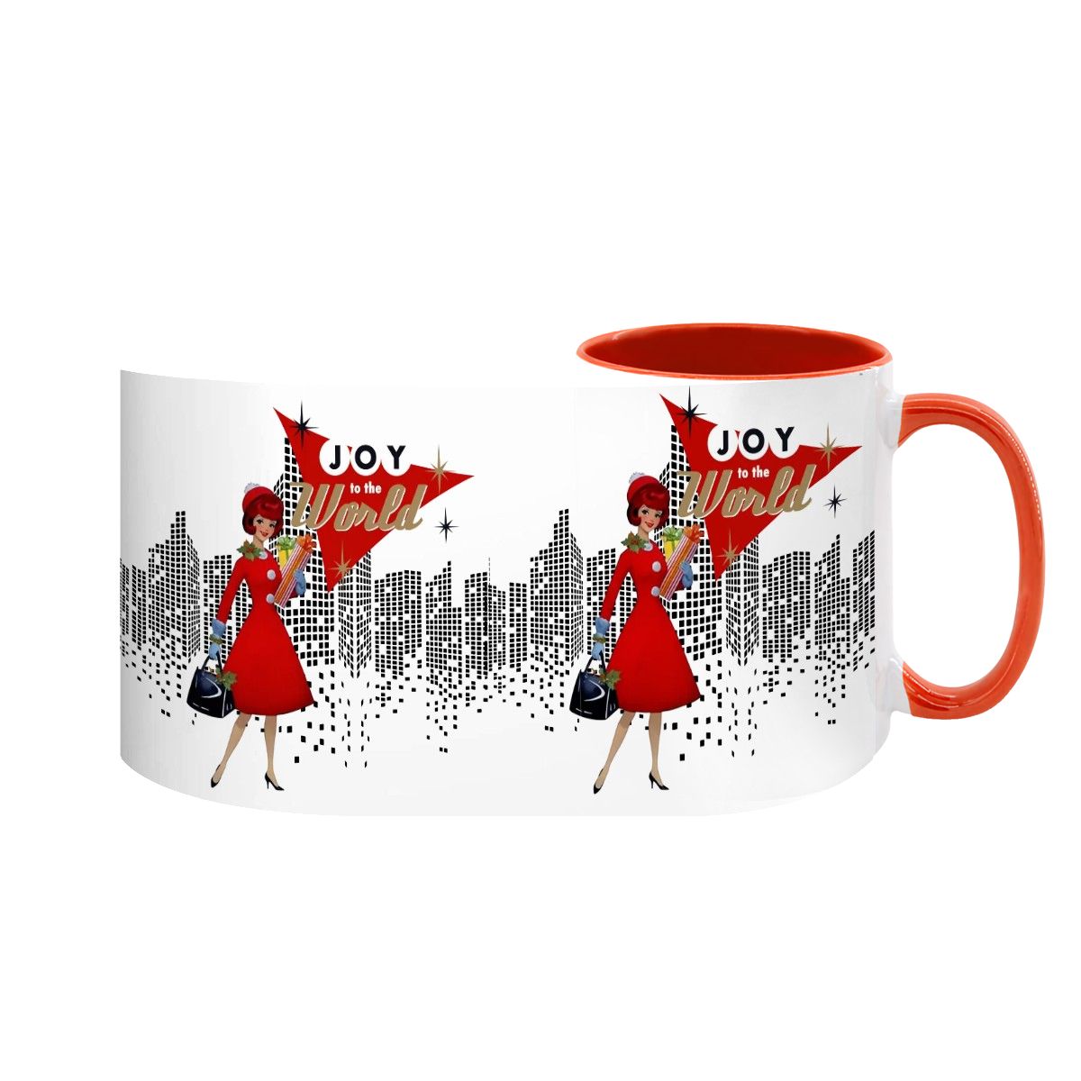 Mid Century Modern holiday mug featuring a cityscape design with "Joy to the World" and a stylish woman in red.