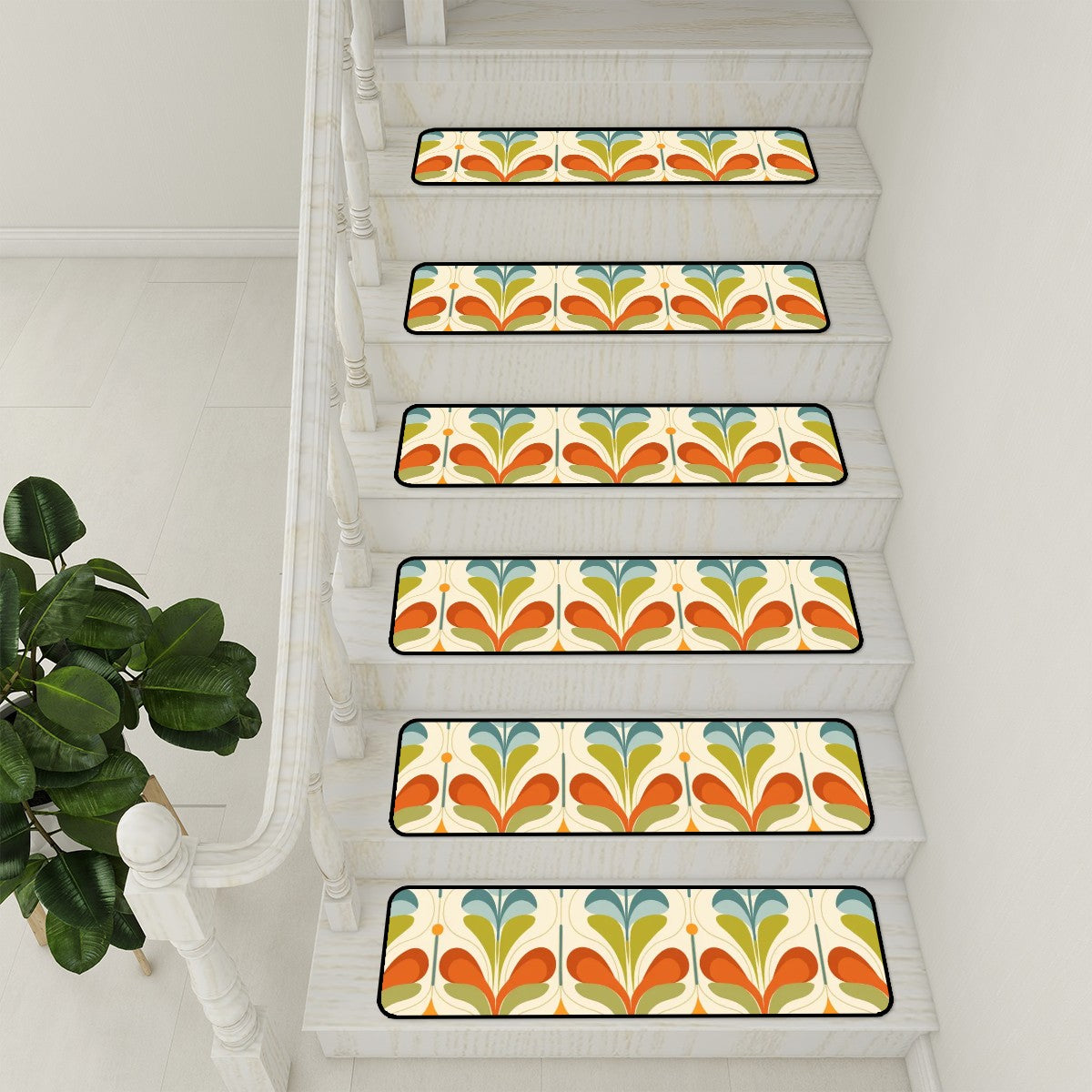 Mid Century Modern Groovy Mod Green, Orange, Blue Retro Non Slip Carpet for Stairs Treads - Mid Century Modern Gal