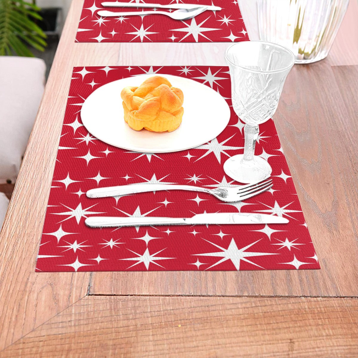 Retro Red Atomic White Starbursts Kitschy MCM Woven Placemat - Mid Century Modern Gal
