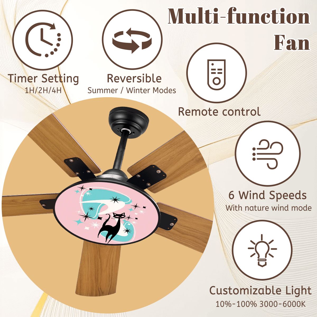 Pink Boomerang Atomic Cat Retr0 Mid Century Modern Ceiling Fan With Light - Mid Century Modern Gal