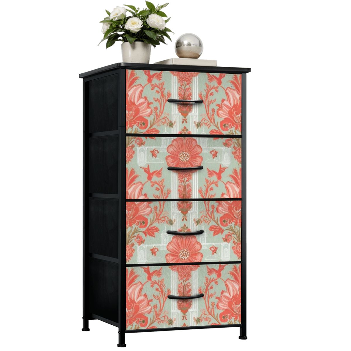Chinoiserie Elegant Floral, Coral, Green 4-Drawer Dresser - Mid Century Modern Gal