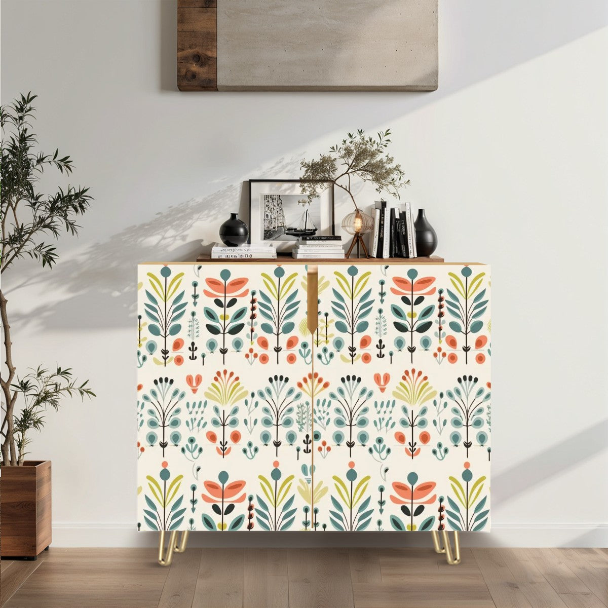 Modern Danish Scandinavian Floral Designed Wooden Storage Cabinet - Mid Century Modern Gal