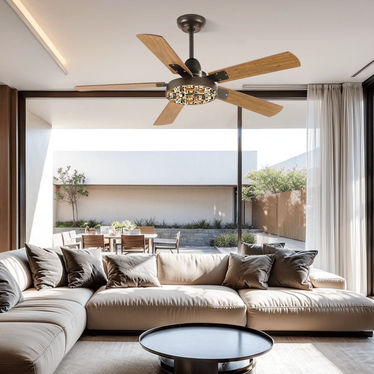 Bauhaus Designed Ceiling Fan With Lightm Brown Golden Yellow, Retro Ceiling Fan - Mid Century Modern Gal