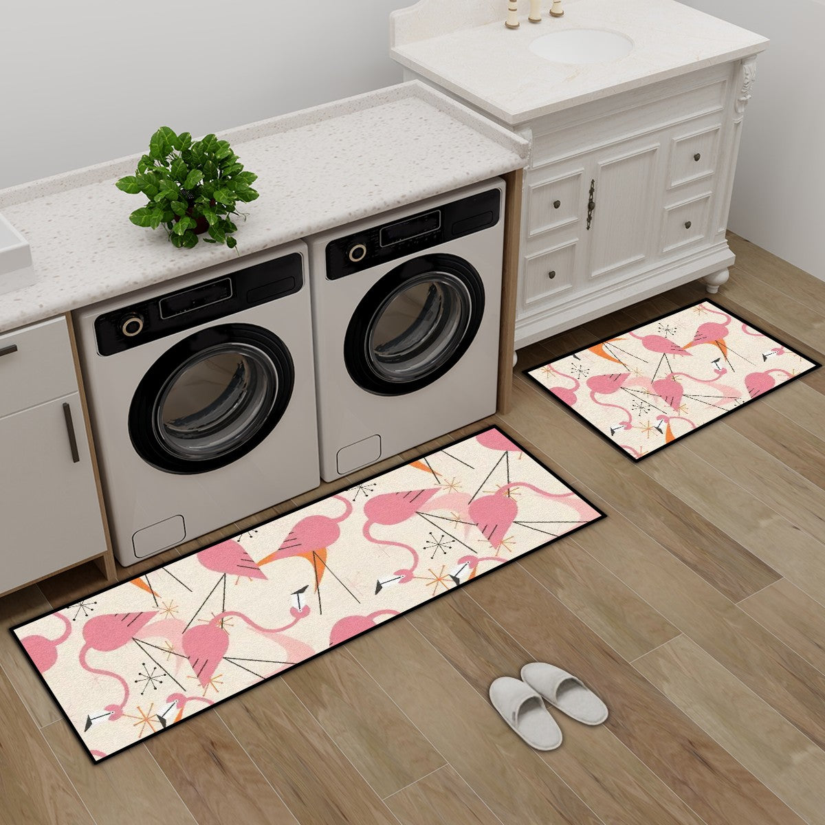 50s Flamingo Kitschy Quirky Mid Mod Palm Springs California Style Kitchen Area Rug Set for Floor Non-Slip Washable - Mid Century Modern Gal