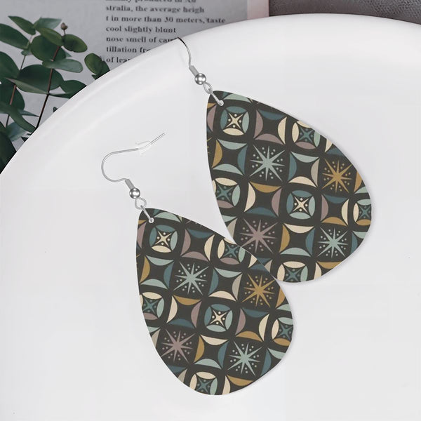 Mid Century Modern Elegant Gray Geometric Starburst Vegan Leather Teardrop Earrings