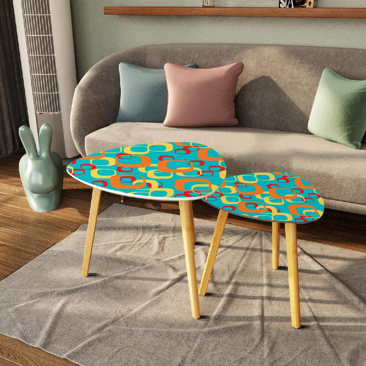 Mid Century Modern Designed Nesting Tables, Geometric Teal, Orange Yellow Mod Tables - Mid Century Modern Gal