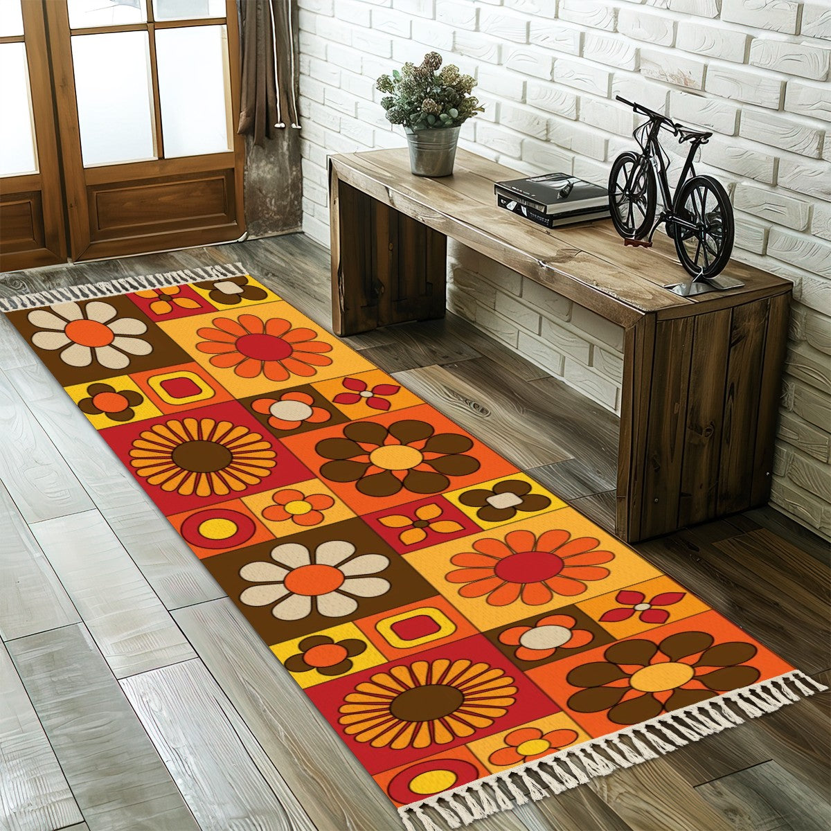 70s Boho Retro Groovy Flower Rug Runner with Tassels - Mid Century Modern Gal