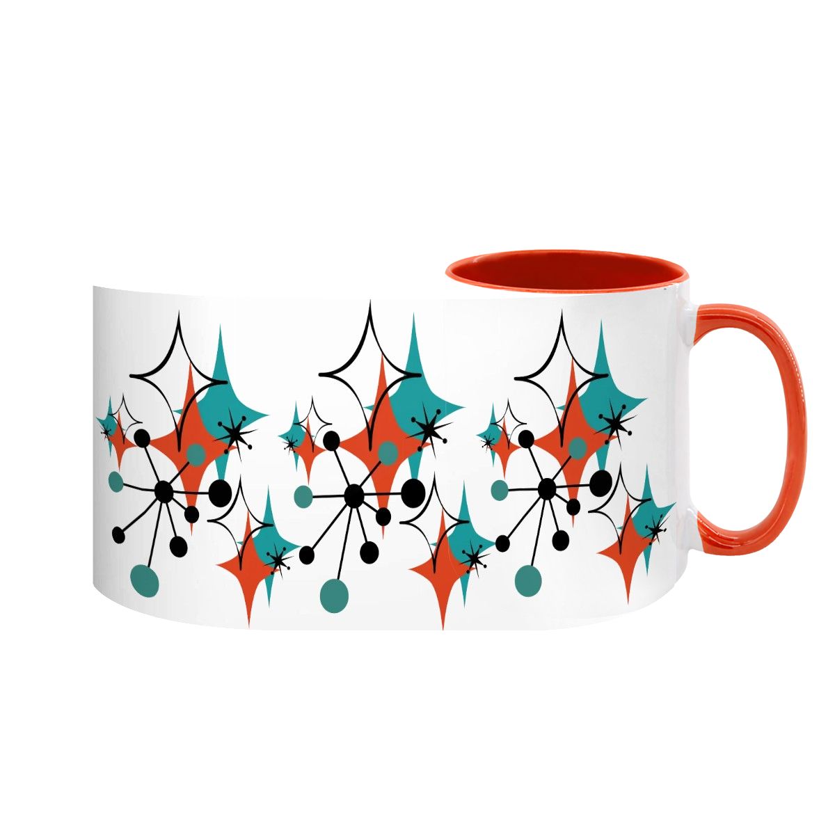 Large 15oz mug featuring a colorful Mid Century Modern atomic starburst design in teal, orange, and black.