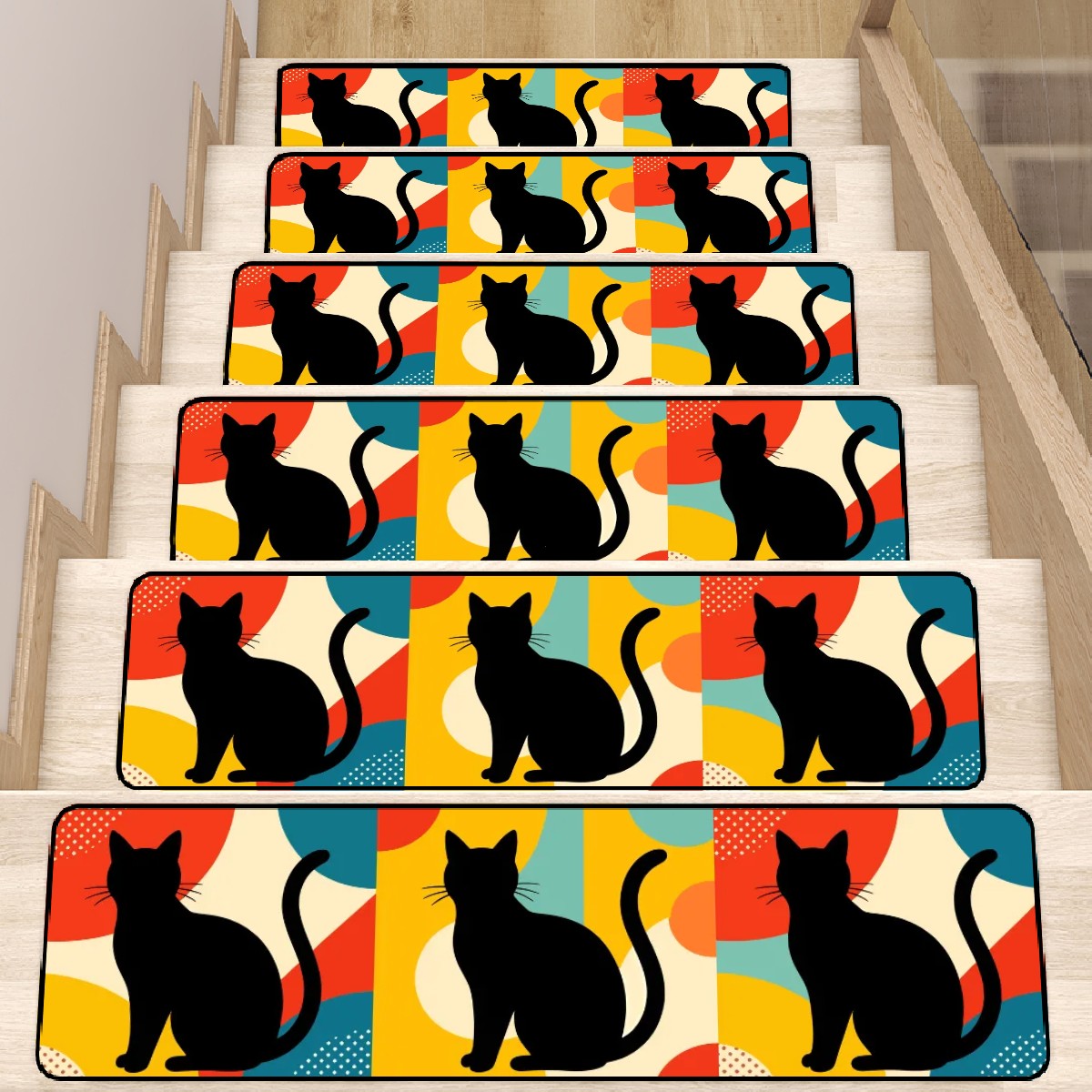 Pop Art Black Atomic Cats, Red Blue Yellow, Non Slip Carpet for Stairs Treads - Mid Century Modern Gal