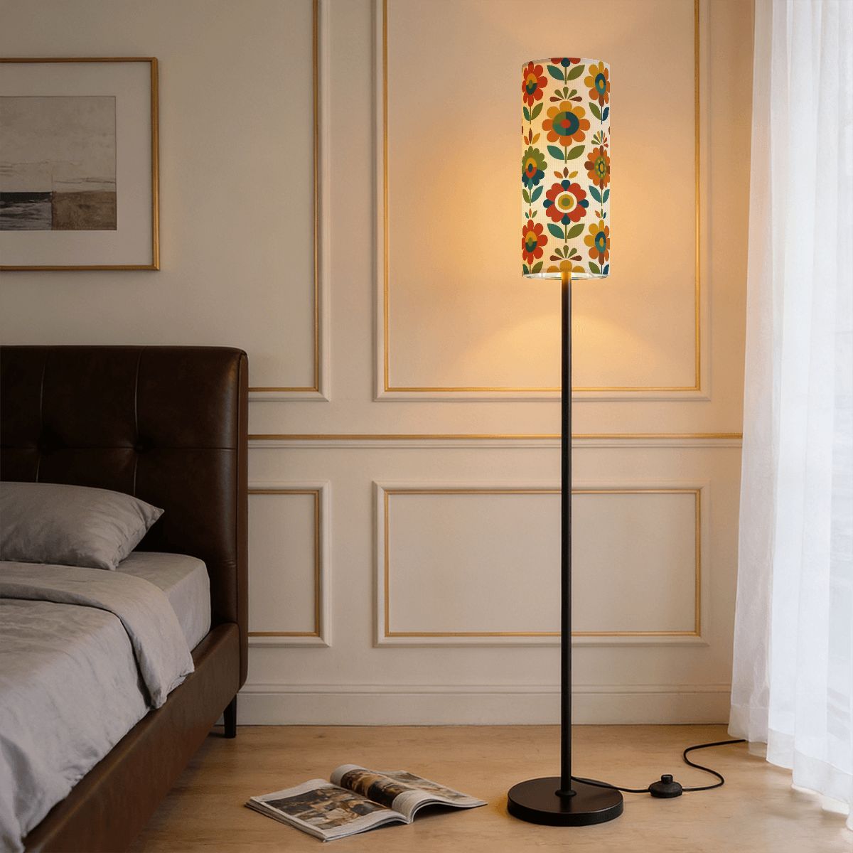 Mid Century Modern Scandinavian Floral Earth Tones Slim Floor Lamp