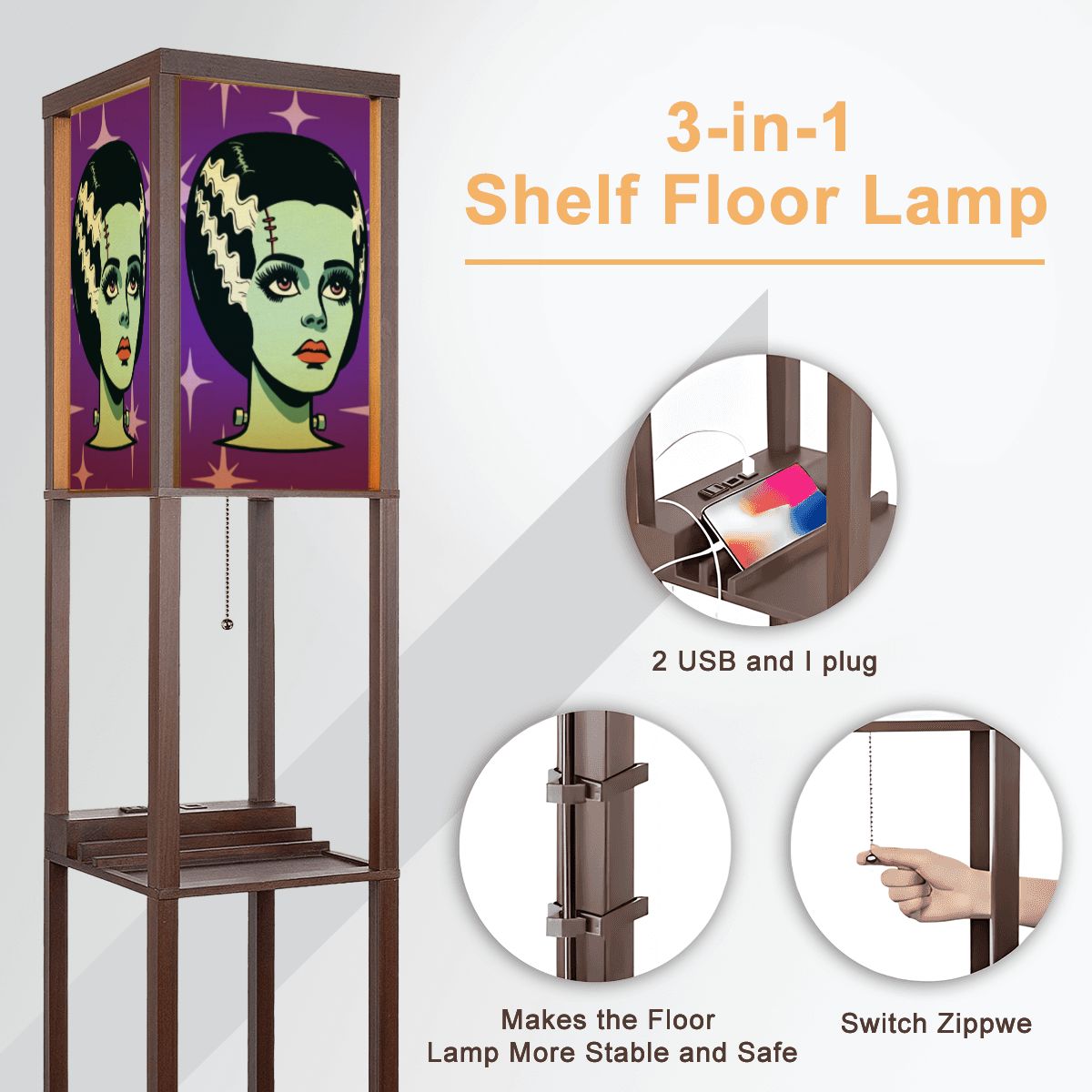 Bride of Frankenstein Retro Mid Mod Horror Buff Purple Halloween Floor Lamp with Shelves - Mid Century Modern Gal