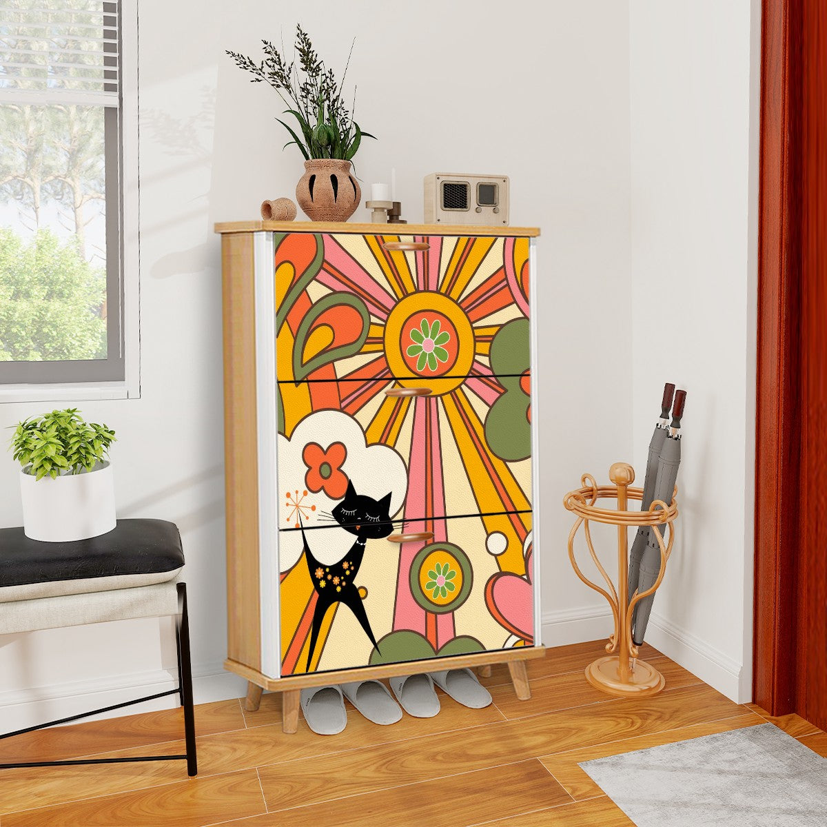 Retro Groovy 70s Sunshine Mid Mod Shoe Cabinet Adorned WIth Hippie Vibes And Atomic Cat - Mid Century Modern Gal